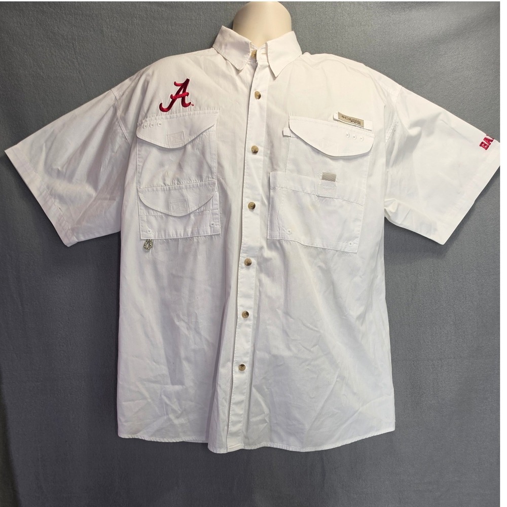 Columbia PFG Alabama Crimson Tide Fishing Shirt Mens Large White Short Sleeve